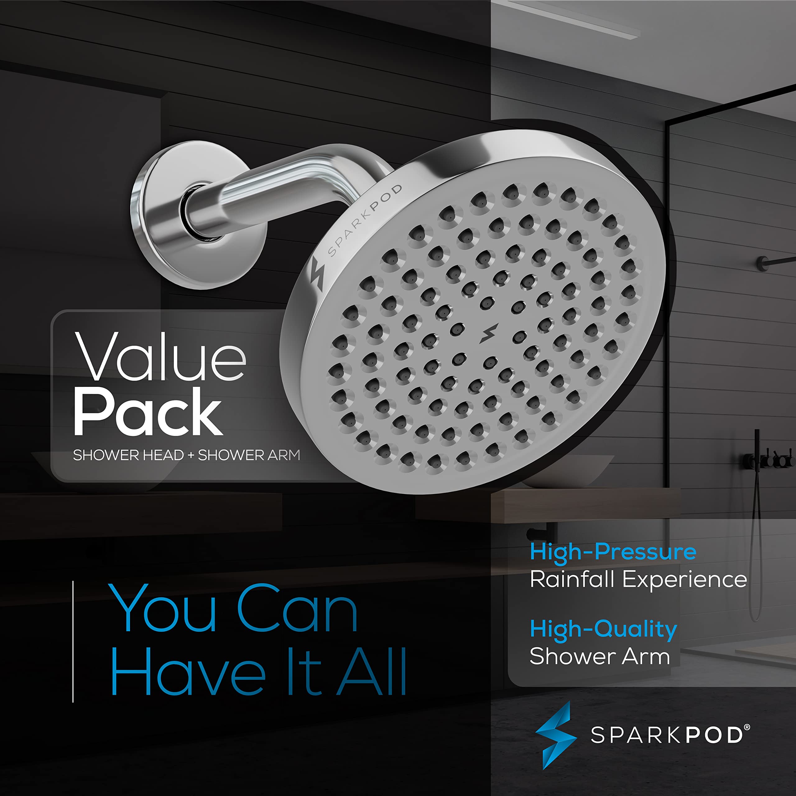 SparkPod 6" Rain Shower Head with 6" Shower Arm - High Pressure Rain - Luxury Modern Look - No Hassle Tool-less 1-Min Installation (Chrome)