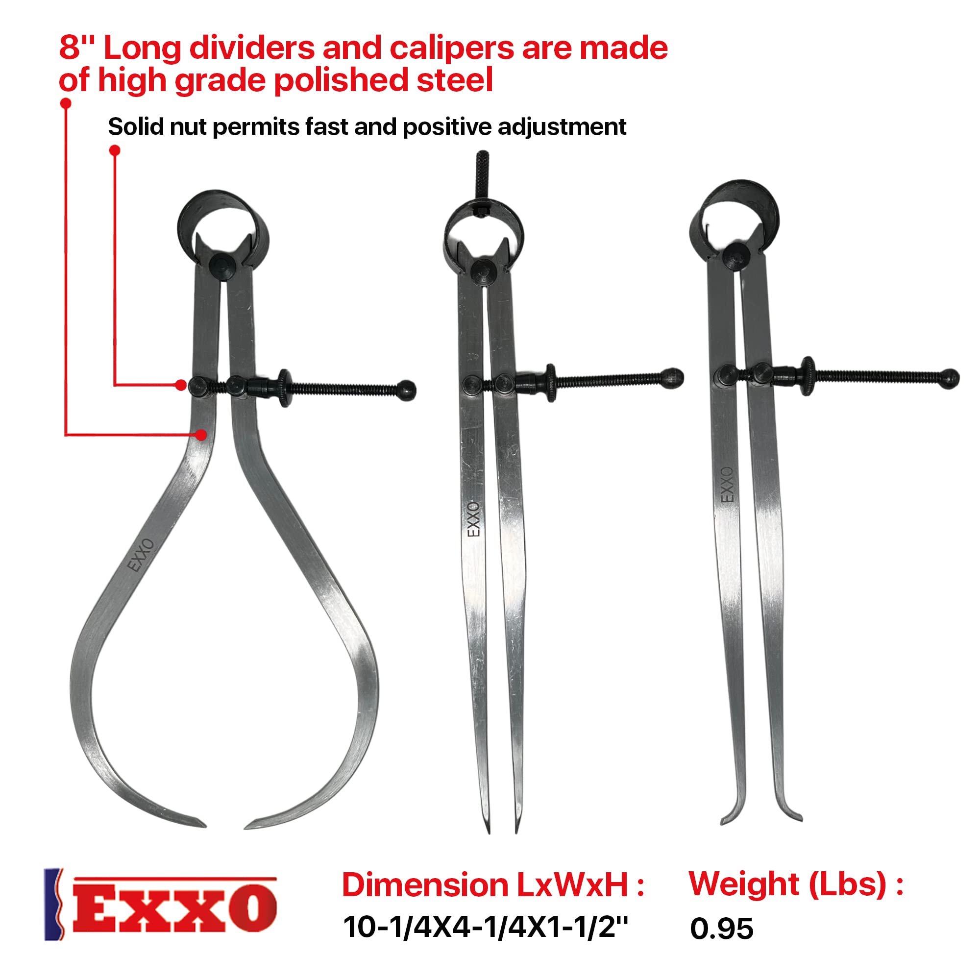 Exxo Tools | 3PC 8" Spring Divider, 8” Inside Caliper, 8” Outside Caliper Set