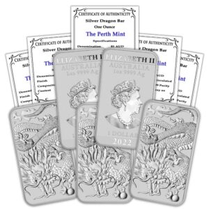 2022 p au lot of (5) 1 oz australian silver dragon rectangular bar coins brilliant uncirculated (bu) with certificates of authenticity $1 mint state