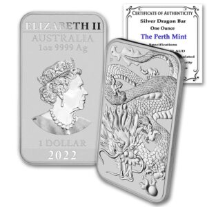 2022 p au 1 oz australian silver dragon rectangular bar coin brilliant uncirculated (bu) with certificate of authenticity $1 mint state