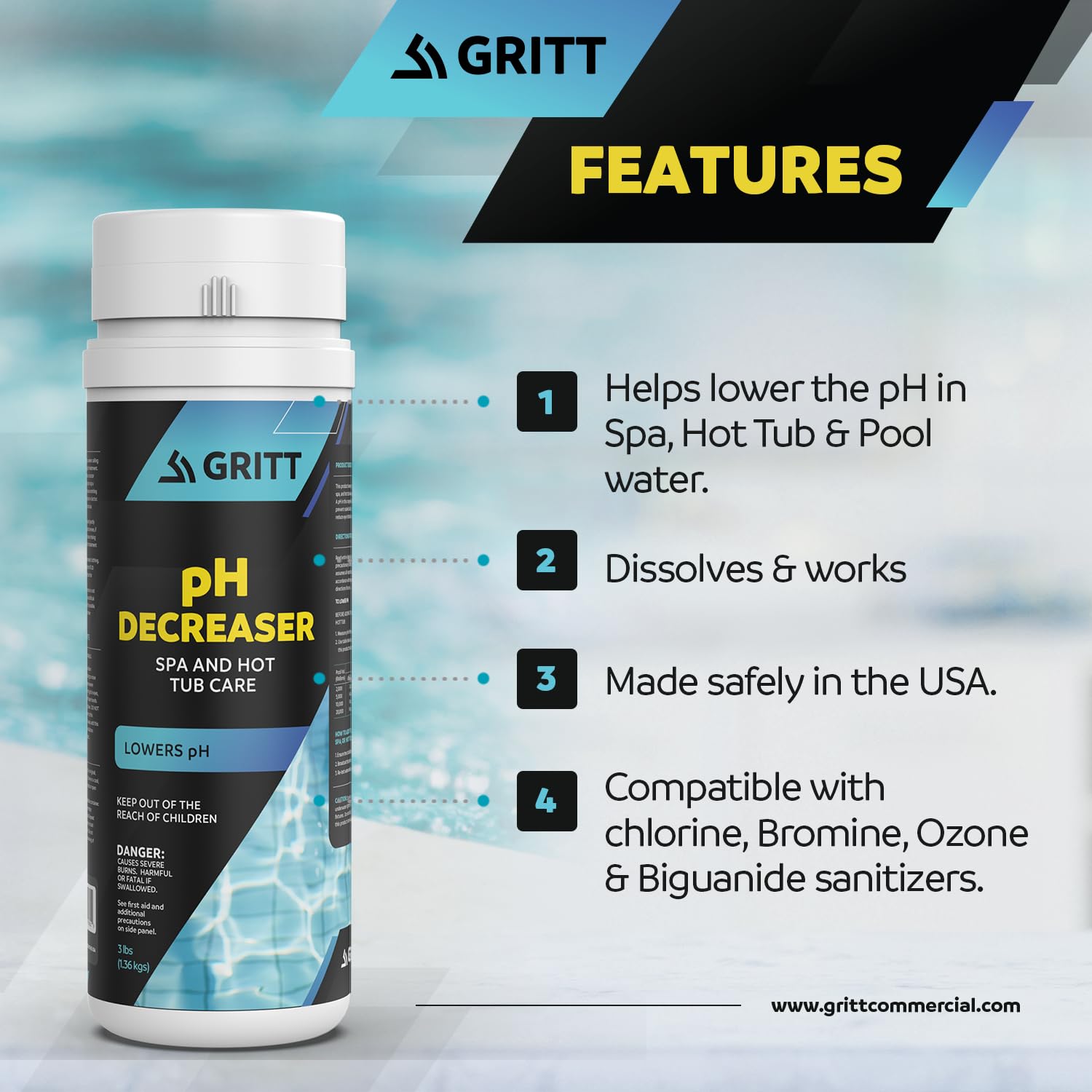 Gritt Commercial pH Decreaser | pH Down | Pool, Hot Tub and Spa pH Reducer | Sodium Bisulfate |High Alkalinity | Prevents Scale Build Up | Pool, Hot Tub and Spa Chemicals | Indoor and Outdoor | 3 lb