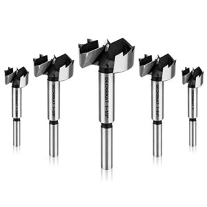 Forstner Bit Set, 5-Piece Forstner Bits Wood Drilling Smooth Flat-Bottomed Pocket Holes in Hard Soft Wood, 3/8" Shank Fit Drills and Drill Presses, Size 1”, 1-7/64”, 1-1/4”, 1-3/8”, 1-1/2"