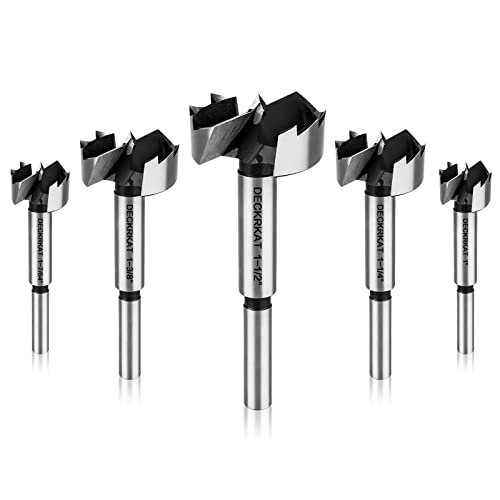 Forstner Bit Set, 5-Piece Forstner Bits Wood Drilling Smooth Flat-Bottomed Pocket Holes in Hard Soft Wood, 3/8" Shank Fit Drills and Drill Presses, Size 1”, 1-7/64”, 1-1/4”, 1-3/8”, 1-1/2"