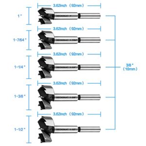 Forstner Bit Set, 5-Piece Forstner Bits Wood Drilling Smooth Flat-Bottomed Pocket Holes in Hard Soft Wood, 3/8" Shank Fit Drills and Drill Presses, Size 1”, 1-7/64”, 1-1/4”, 1-3/8”, 1-1/2"