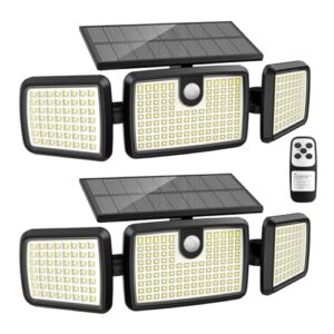 solar lights outdoor, 3 head solar motion lights outdoor with 2500lm 232 leds high brightness, built-in bigger tempered glass solar panel, sensitive pir motion inductor(2-pack)
