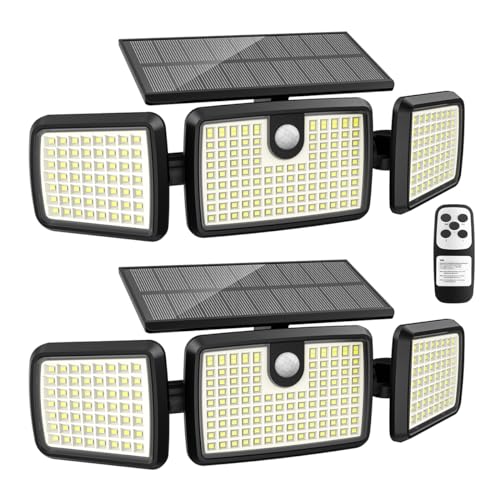 Solar Lights Outdoor, 3 Head Solar Motion Lights Outdoor with 2500LM 232 LEDs High Brightness, Built-in Bigger Tempered Glass Solar Panel, Sensitive PIR Motion Inductor(2-Pack)