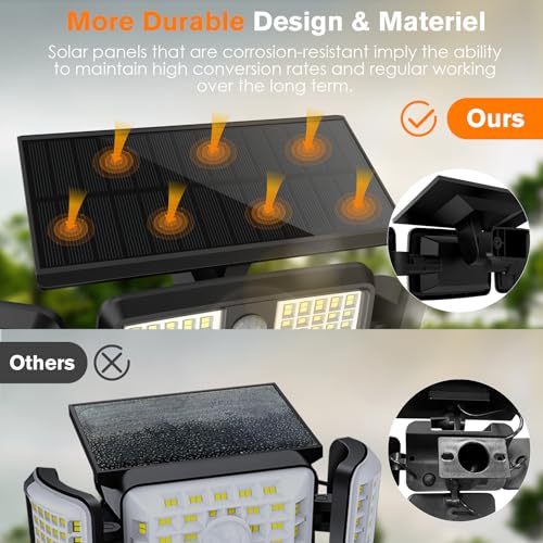 Solar Lights Outdoor, 3 Head Solar Motion Lights Outdoor with 2500LM 232 LEDs High Brightness, Built-in Bigger Tempered Glass Solar Panel, Sensitive PIR Motion Inductor(2-Pack)