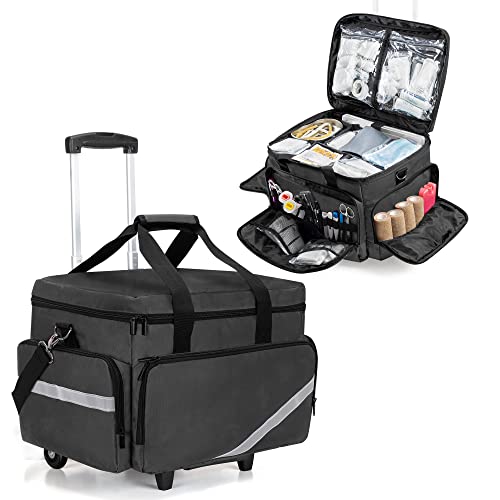 Trunab Rolling Medical Bag with Detachable Trolley, Nurse Rolling Bag with Removable Dividers 15.6” Laptop Sleeve, First Aid Responder Bag Empty for Home Health Nurses, Doctors, EMT, EMS