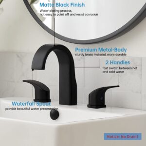 RUMOSE Matte Black Bathroom Faucet Widespread Bathroom Sink Faucet Two Handle 8 inch Bathroom Faucets for Sink 3 Hole, Brass Waterfall Mixer Taps