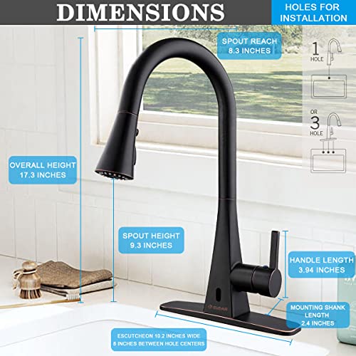 BIEAR Touchless Kitchen Faucet, 2 Motion Sensor Kitchen Sink Faucets with Pull Down 3 Functions Sprayer Single Handle Flow Faucet 1 Or 3 Holes Mount Stainless Steel Water Faucet Oil Rubbed Bronze