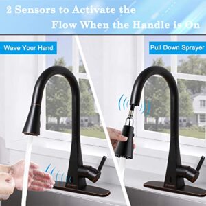 BIEAR Touchless Kitchen Faucet, 2 Motion Sensor Kitchen Sink Faucets with Pull Down 3 Functions Sprayer Single Handle Flow Faucet 1 Or 3 Holes Mount Stainless Steel Water Faucet Oil Rubbed Bronze