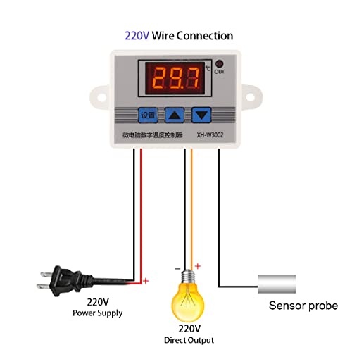 UMLIFE 2PCS XH-W3002 DC 110V-220V 1500W 10A Microcomputer Digital Temperature Controller Digital Display Thermostat Control Switch and NTC 10K Thermistor Sensors Temperature Probe (110-220V 1500W)