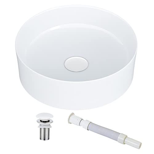 KINGWONG 16 Inch Vessel Sink for Bathroom Modern Round Bathroom Sinks Above Counter White Ceramic Porcelain Farmhouse Vessel Sink Basins Bathroom sink bowl for Cabinet Lavatory Vanity