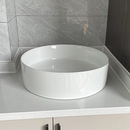 KINGWONG 16 Inch Vessel Sink for Bathroom Modern Round Bathroom Sinks Above Counter White Ceramic Porcelain Farmhouse Vessel Sink Basins Bathroom sink bowl for Cabinet Lavatory Vanity