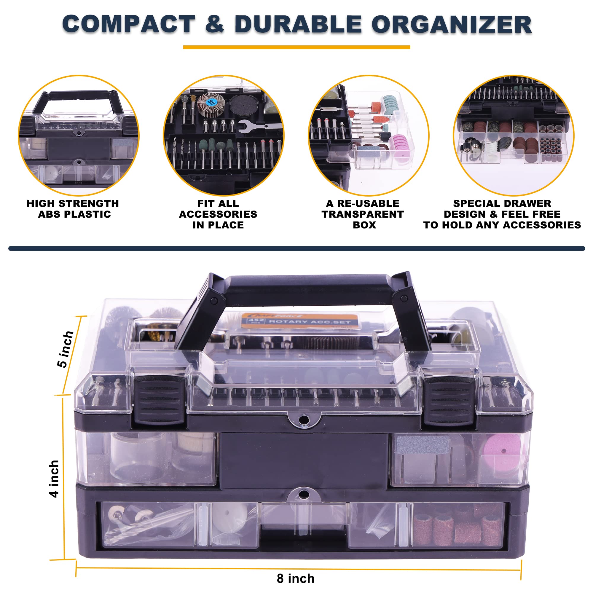 Rotary Tool Accessories Kit,Craftforce 452pcs Accessories Kit Compatible with 1/8" Shank Dremel Tool & Flex Shaft Grinder for Easy Cutting Grinding Sanding Carving Polishing Engraving Drilling