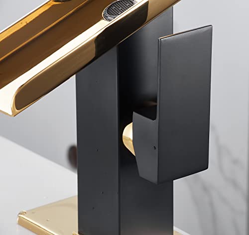 Black Bathroom Faucet Golden Waterfall Open Spout LED Color Changing One Hole Bath Vanity Sink Tap Single Handle with Bathroom Sink Drain Pop Up Stopper Overflow Water Supply Hose Include Modern