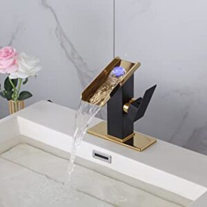 Black Bathroom Faucet Golden Waterfall Open Spout LED Color Changing One Hole Bath Vanity Sink Tap Single Handle with Bathroom Sink Drain Pop Up Stopper Overflow Water Supply Hose Include Modern