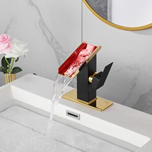 Black Bathroom Faucet Golden Waterfall Open Spout LED Color Changing One Hole Bath Vanity Sink Tap Single Handle with Bathroom Sink Drain Pop Up Stopper Overflow Water Supply Hose Include Modern