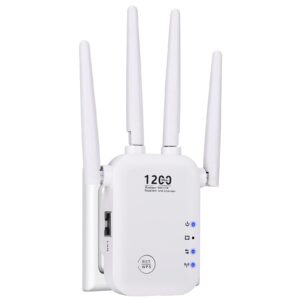ooxoo wifi range extender 1200mbps wifi repeater wireless signal booster, 2.4ghz and 5ghz network, full coverage no blind spots, with integrated antenna lan port and compact internet booster.