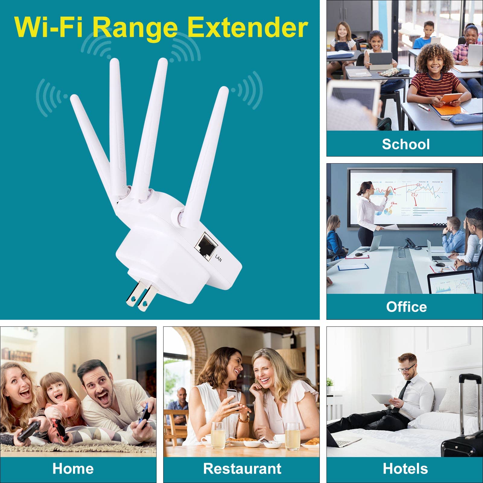 OOXOO WiFi Range Extender 1200Mbps WiFi Repeater Wireless Signal Booster, 2.4GHz and 5GHz Network, Full Coverage No Blind Spots, with Integrated Antenna LAN Port and Compact Internet Booster.