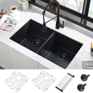 32 inch black kitchen sink undermount-ianomla 32x18 inch double bowl kitchen sink 50/50 black quartz composite undermount kitchen sink