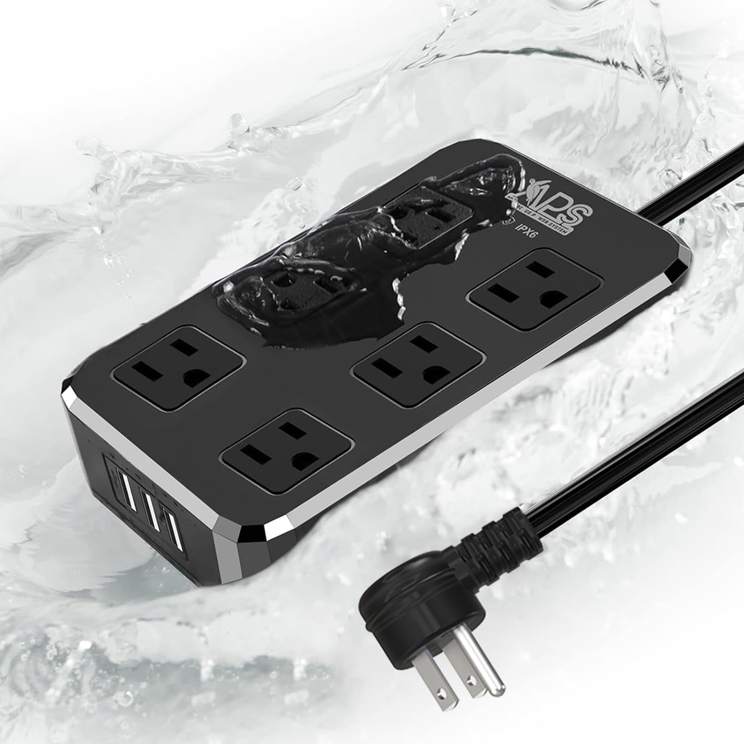 IPX6 Outdoor Power Strip Weatherproof, Waterproof Surge Protector with 6 Wide Outlet with 3 USB Ports, 6FT Long Extension Cord, Wall Mountable for Outside Decorations and More UL Listed(Black)