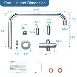 HOMVIVA® All Solid Metal 3-Way Shower Arm Diverter Valve with 16 Inch Shower Head Extension Arm And High Rise Extender for Handheld and Fixed Shower Head, G1/2 Universal with Flange,Brushed Nickel