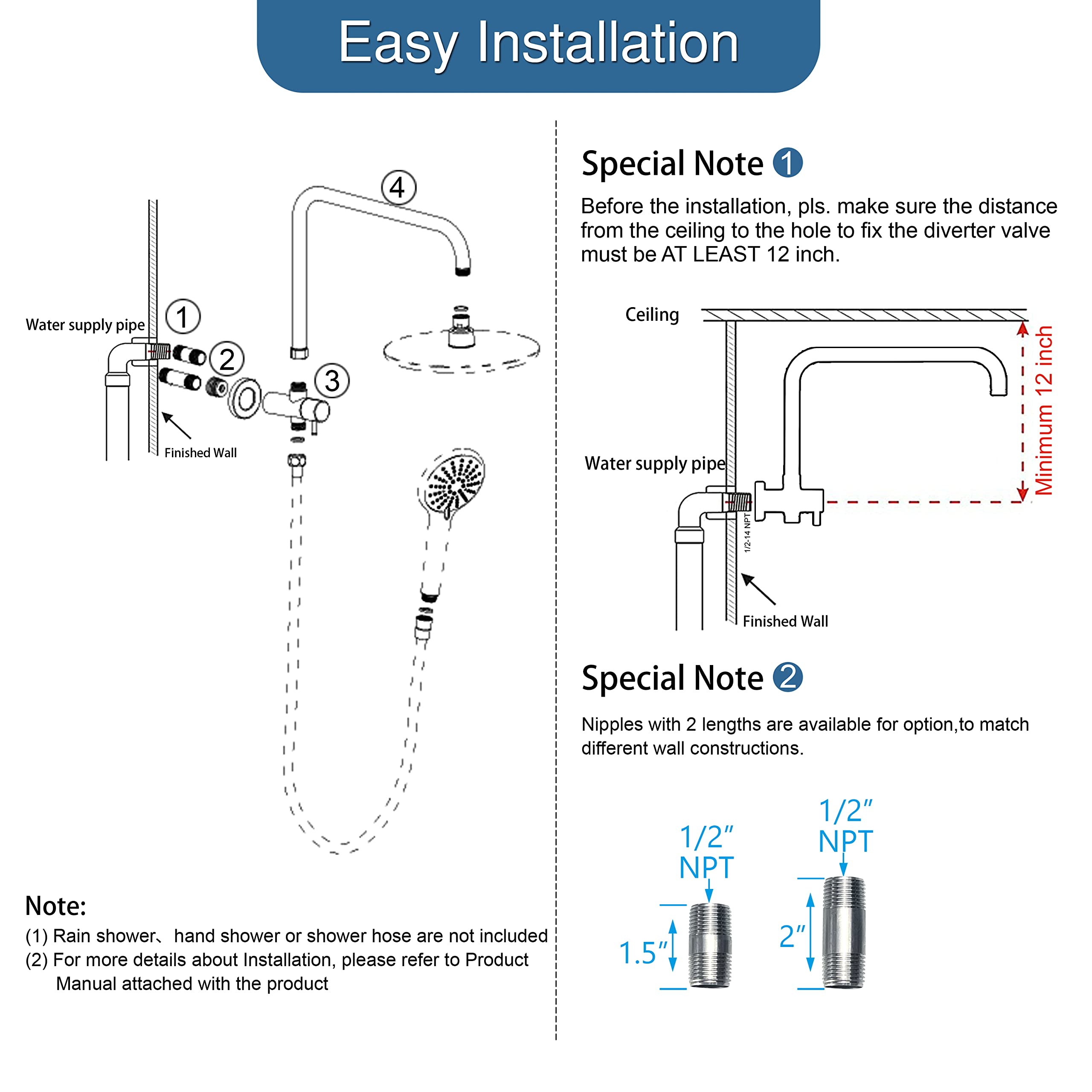 HOMVIVA® All Solid Metal 3-Way Shower Arm Diverter Valve with 16 Inch Shower Head Extension Arm And High Rise Extender for Handheld and Fixed Shower Head, G1/2 Universal with Flange,Brushed Nickel