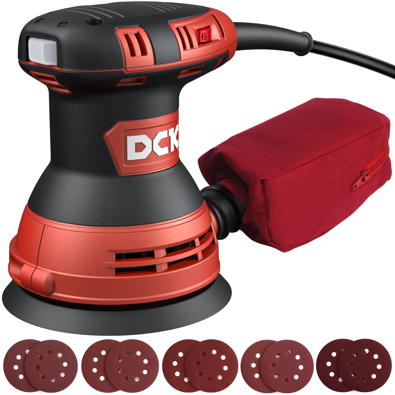 DCK Random Orbital Sander, 3.0 AMP Corded Palm Sander, 6 Speeds Max 12,000 OPM, 5-Inch with 10 pcs Sandpapers, Dust Bag, Low Vibration, Drywall Sander for Woodworking, Decoration Furniture (KSA125)