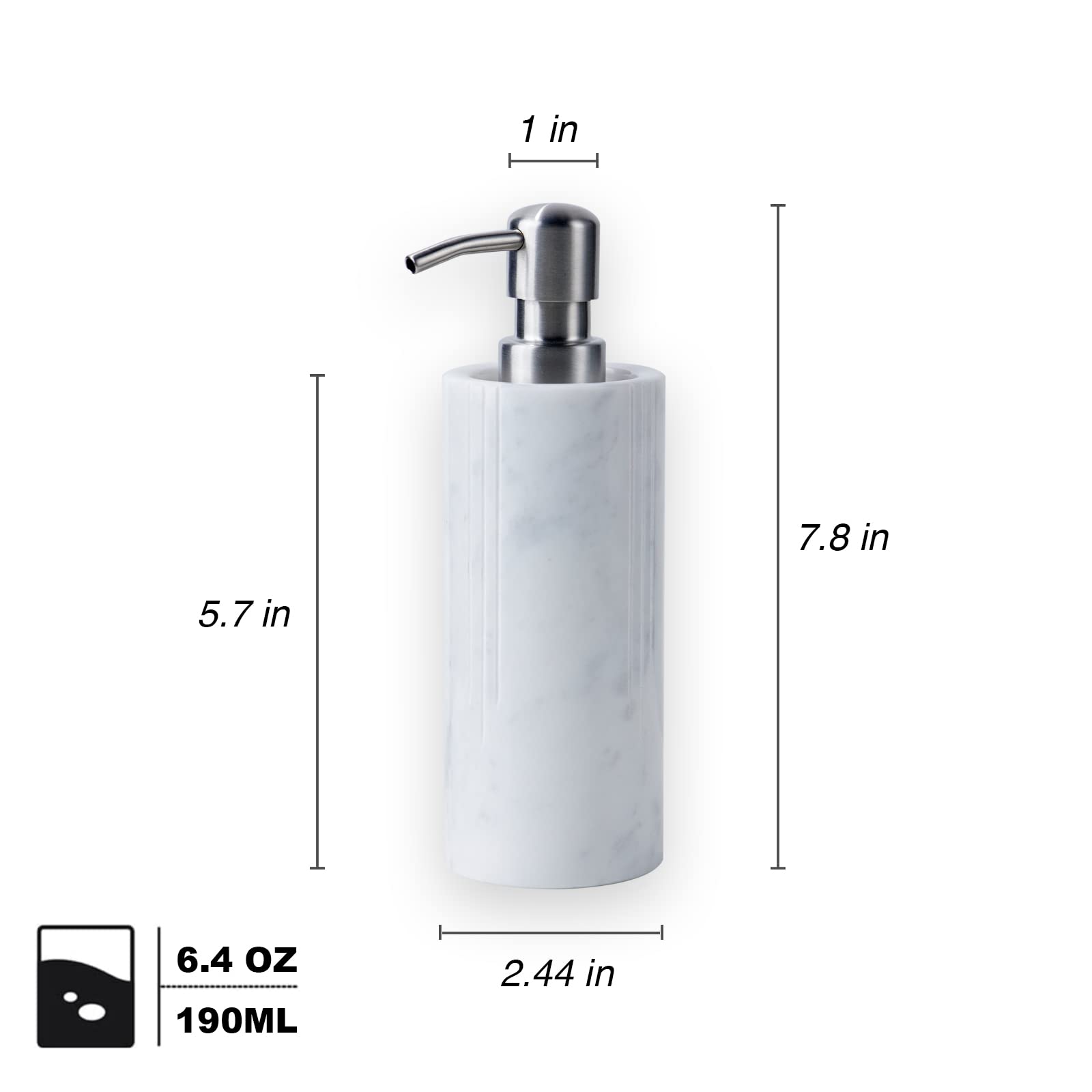 PHINILUX Luxurious White Marble Soap Pump Dispenser for Countertop, Bathroom & Kitchen, Hand or Dish Liquid Soap/Lotion 304 Steel Pump Bottle, Italy Carrara, Vanity