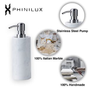 PHINILUX Luxurious White Marble Soap Pump Dispenser for Countertop, Bathroom & Kitchen, Hand or Dish Liquid Soap/Lotion 304 Steel Pump Bottle, Italy Carrara, Vanity