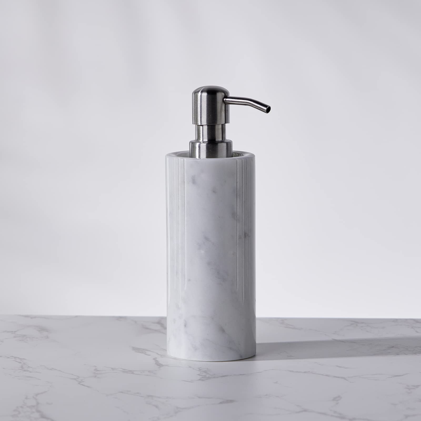 PHINILUX Luxurious White Marble Soap Pump Dispenser for Countertop, Bathroom & Kitchen, Hand or Dish Liquid Soap/Lotion 304 Steel Pump Bottle, Italy Carrara, Vanity