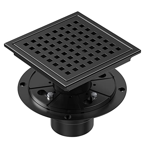 CIFOX 6 Inch Black Shower Drain Square with Flange Removable Quadrato Grid Pattern, Brushed 304 Stainless Steel, Includes Floor Drain Base Hair Strainer, Watermark&CUPC Certified, Matte Black