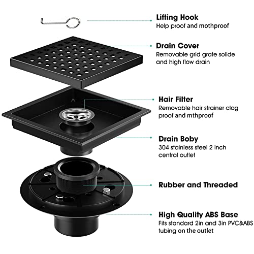 CIFOX 6 Inch Black Shower Drain Square with Flange Removable Quadrato Grid Pattern, Brushed 304 Stainless Steel, Includes Floor Drain Base Hair Strainer, Watermark&CUPC Certified, Matte Black