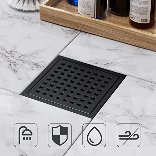 CIFOX 6 Inch Black Shower Drain Square with Flange Removable Quadrato Grid Pattern, Brushed 304 Stainless Steel, Includes Floor Drain Base Hair Strainer, Watermark&CUPC Certified, Matte Black