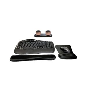 logitech mk550 comfort wave wireless keyboard & mouse combo travel home office modern bundle with set of 2 pro portable wireless bluetooth speakers, charging tray, gel wrist pad & gel mouse pad