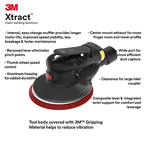 3M Random Orbital Sander, Xtract Pneumatic 88956, 6 in, with Central Vacuum Attachment, 3/8 in Orbit, Ergonomic and Lightweight ROS, .28 HP (209W) Motor