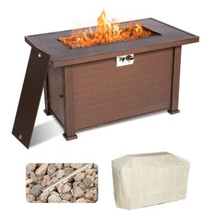 singlyfire 44 inch gas fire pit table 50,000btu propane fire pit with cover, lid and 8.8lbs lava rock fire table for patio, deck, garden, backyard (brown&imitation wood grain)