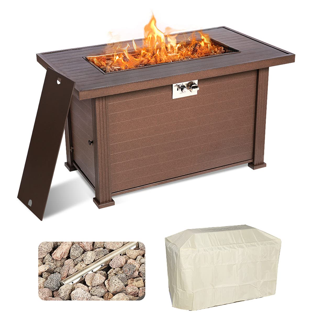 SINGLYFIRE 44 Inch Gas Fire Pit Table 50,000BTU Propane Fire Pit with Cover, Lid and 8.8lbs Lava Rock Fire Table for Patio, Deck, Garden, Backyard (Brown&Imitation Wood Grain)