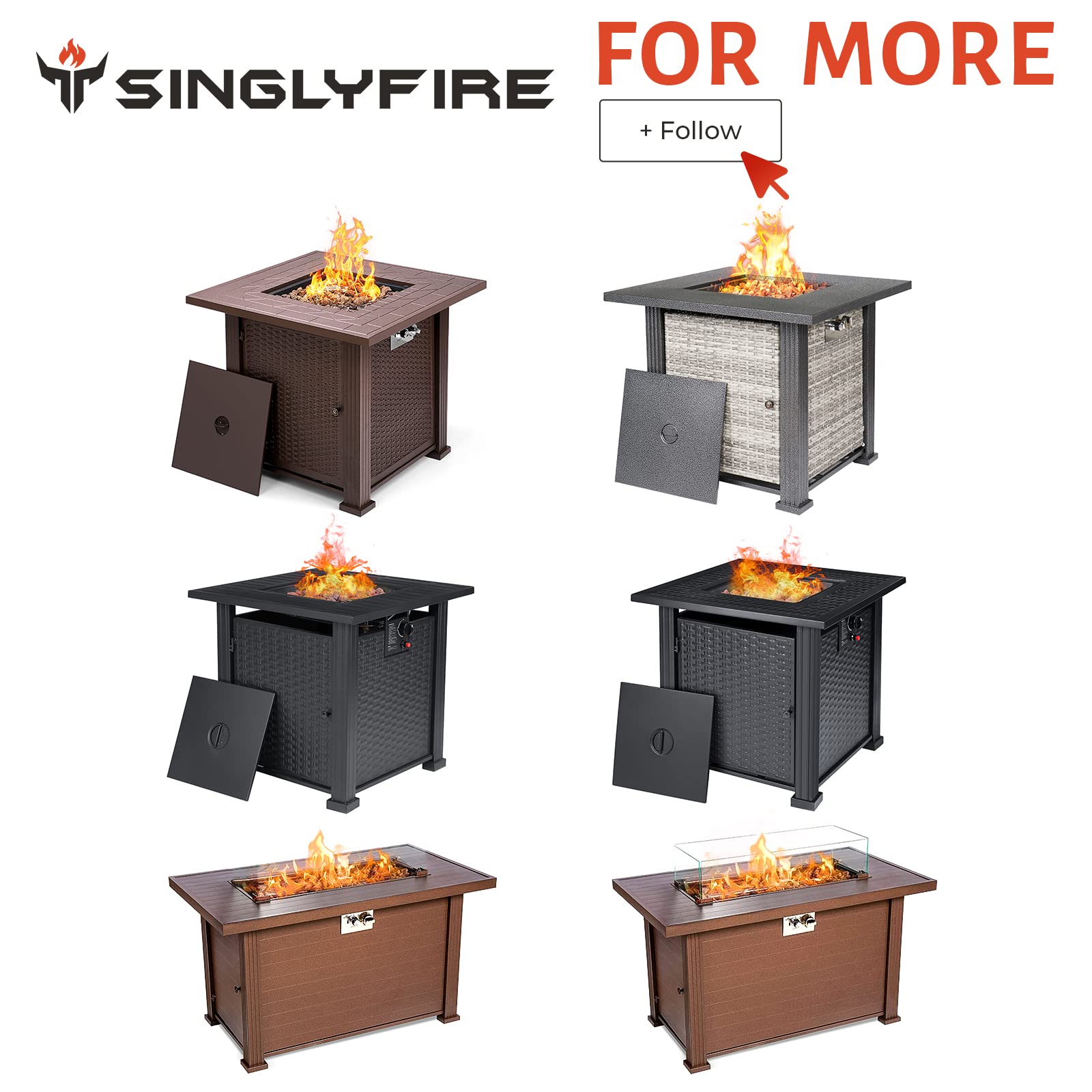 SINGLYFIRE 44 Inch Gas Fire Pit Table 50,000BTU Propane Fire Pit with Cover, Lid and 8.8lbs Lava Rock Fire Table for Patio, Deck, Garden, Backyard (Brown&Imitation Wood Grain)