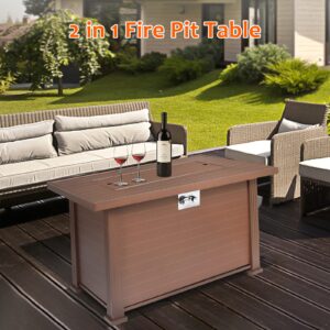 SINGLYFIRE 44 Inch Gas Fire Pit Table 50,000BTU Propane Fire Pit with Cover, Lid and 8.8lbs Lava Rock Fire Table for Patio, Deck, Garden, Backyard (Brown&Imitation Wood Grain)