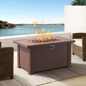 SINGLYFIRE 44 Inch Gas Fire Pit Table 50,000BTU Propane Fire Pit with Cover, Lid and 8.8lbs Lava Rock Fire Table for Patio, Deck, Garden, Backyard (Brown&Imitation Wood Grain)