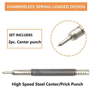 WHLLING 2-Piece Spring Loaded Center Punch Hammerless Single Ended Centering Center Punch, 3500 PSI Striking Force Hit Punch Tool for Metal Wood