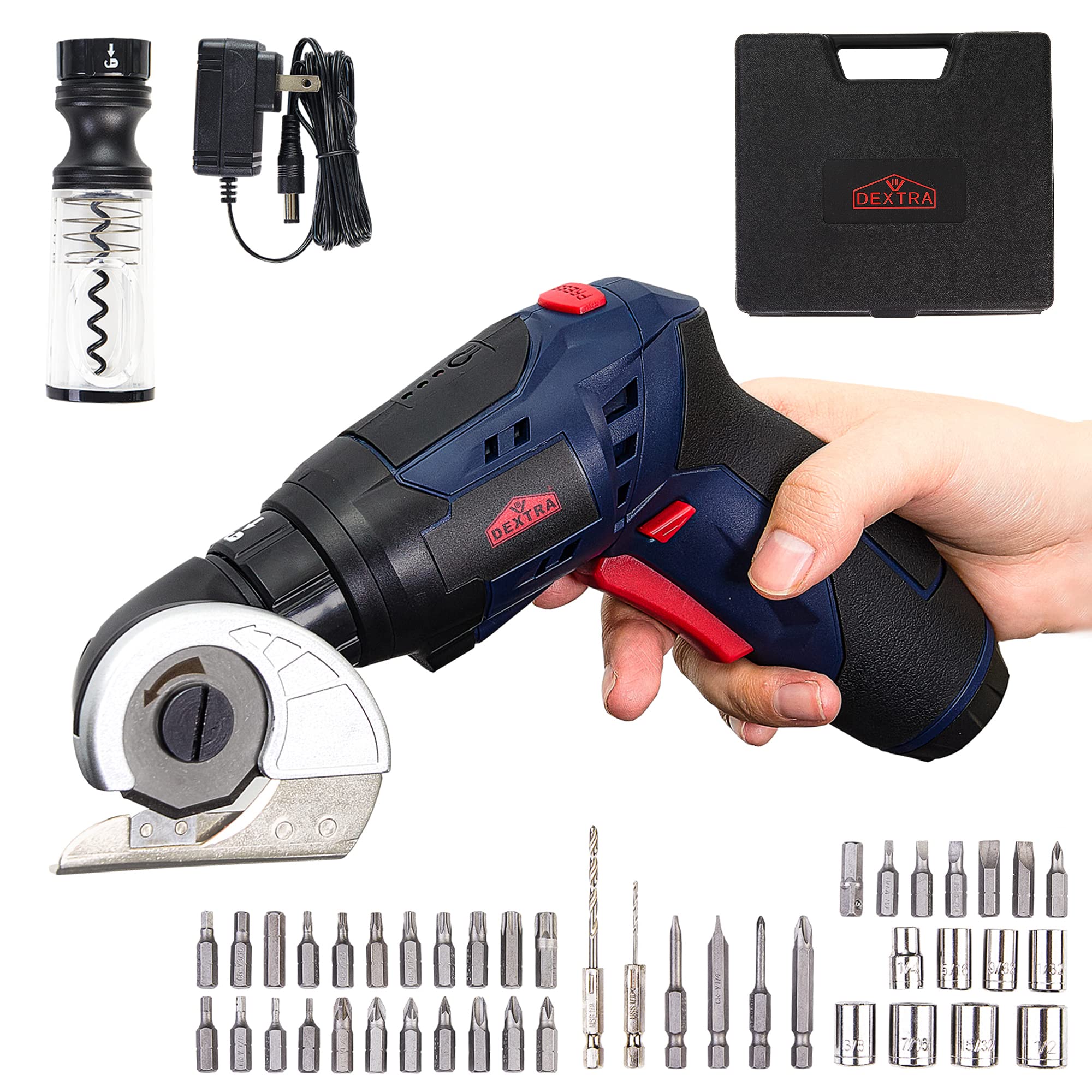 Dextra 3 In 1 Cardboard Cutter Electric Screwdriver Wine Opener, Cordless Electric Scissors,4V Rechargeable Screwdriver with Corkscrew,34PC Magnetic Precision Bits,8 Sockets,Rotary Handle,Carry Case