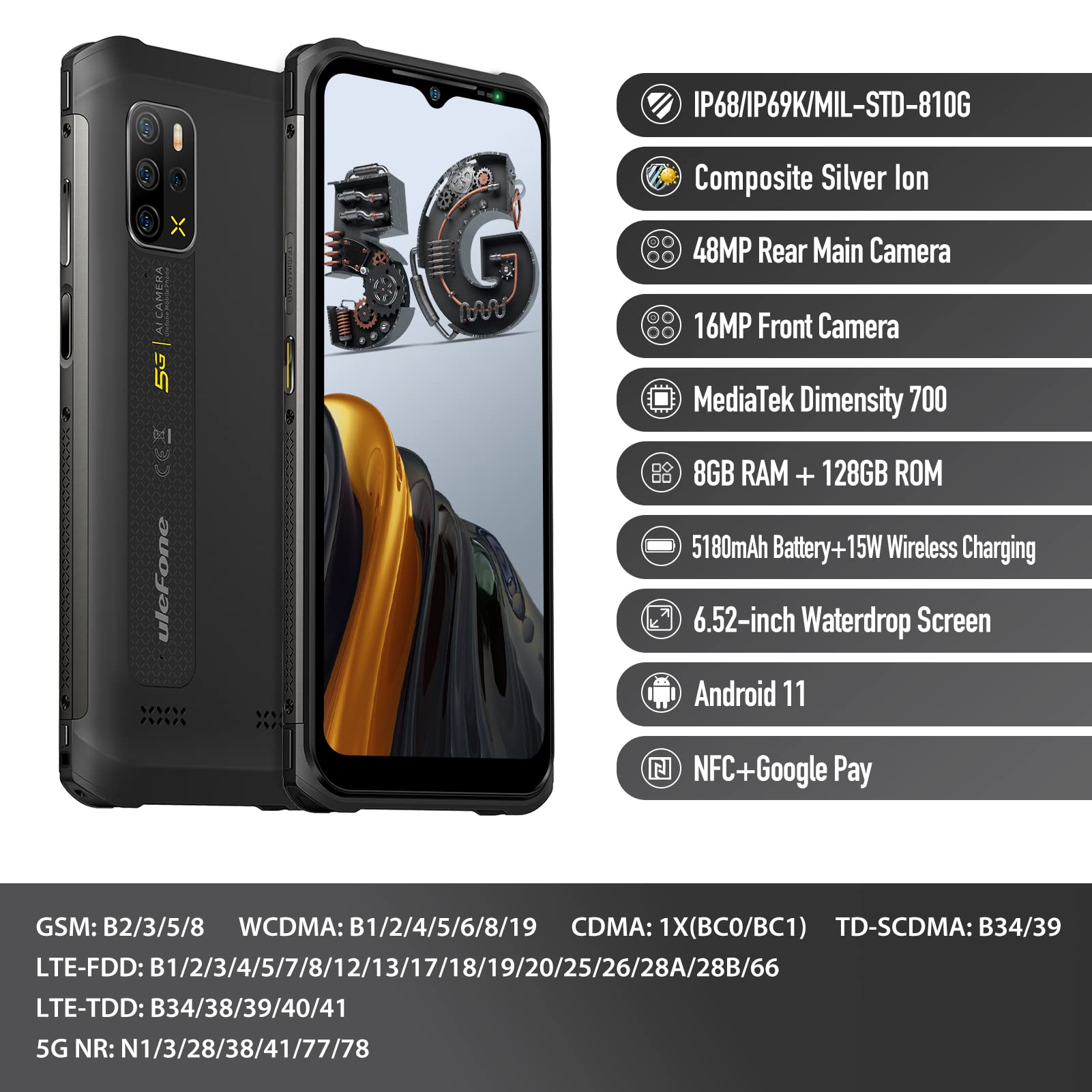 Ulefone Armor 12 5G Rugged Smartphone, 8GB+128GB, 48MP Quad Rear Camera, Waterproof Rugged Cell Phone, 6.52" HD+, 5180mAh, 15W Wireless Charging, T-Mobile Unlocked Rugged Phone (Black)