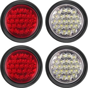 4pcs 4 inch round led stop turn tail brake backup reverse lights 24 led waterproof 4 inch round led trailer tail lights for trucks rv w/lights grommets 3-prong trailer wire pigtails 12v (2red+2white)