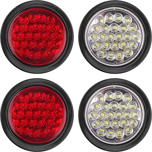 4Pcs 4 Inch Round Led Stop Turn Tail Brake Backup Reverse Lights 24 LED Waterproof 4 Inch Round LED Trailer Tail Lights for Trucks RV W/Lights Grommets 3-Prong Trailer Wire Pigtails 12V (2Red+2White)