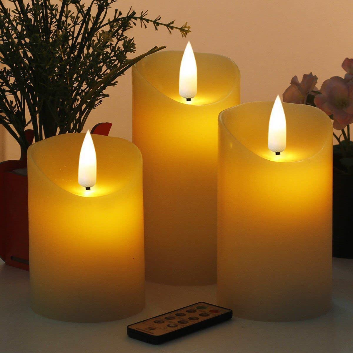 Kammoy Rechargeable Flameless Candle, LED Flickering Candles Tea Lights Pillar Candles Sets with Adjustable Brightness and Timing Remote, Warm Light for Wedding, Valentine's Day, Halloween, Christmas