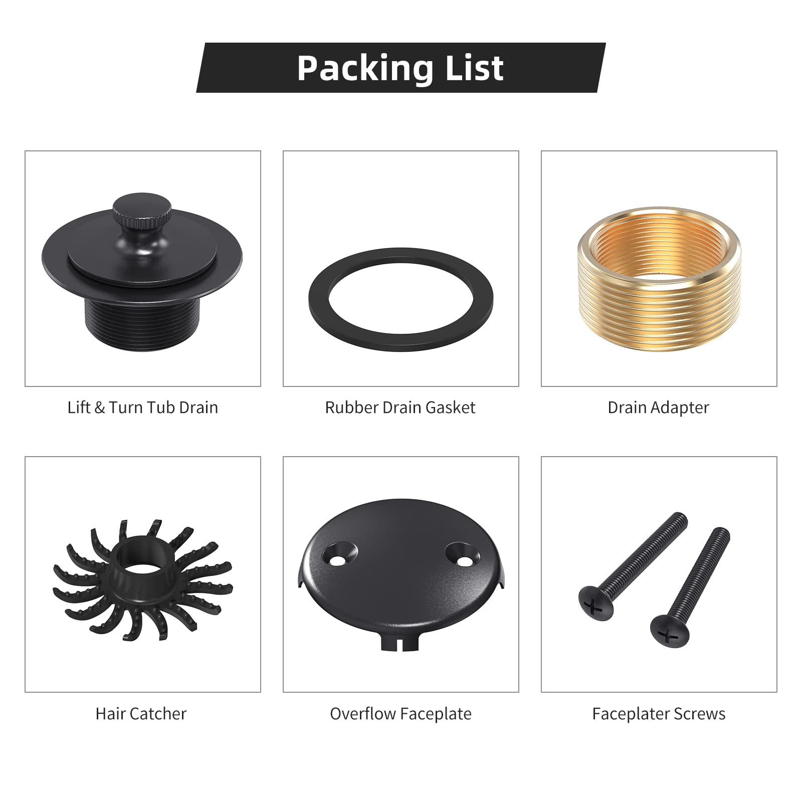 Matte Black Tub Drain and Overflow Kit, Replacement Bath Tub Drain Trim Set,Lift & Turn Bathtub Drain Kit with 2-Hole Overflow Faceplate Conversion Kit Assembly Fine/Coarse Thread