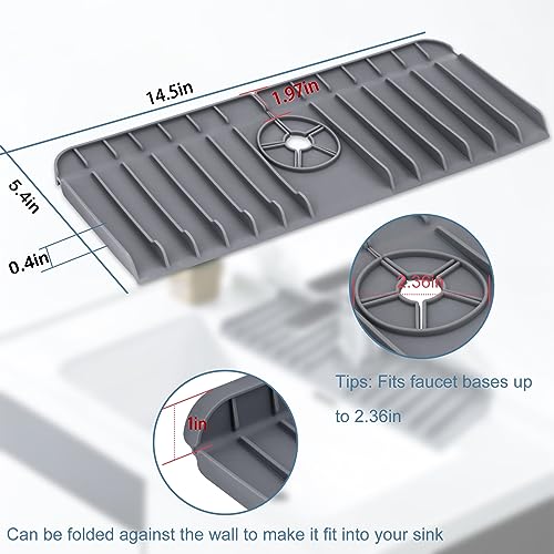 AEOOZGR Kitchen Sink Splash Guard, Silicone Sink Draining Pad Behind Faucet, Kitchen Sink Accessories, Faucet Bathroom Absorbent Water Catcher Mat (Grey)